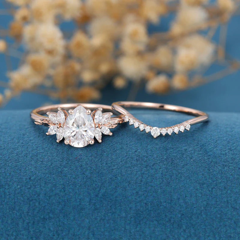 1.0 CT Pear Shaped Moissanite Cluster Bridal Set