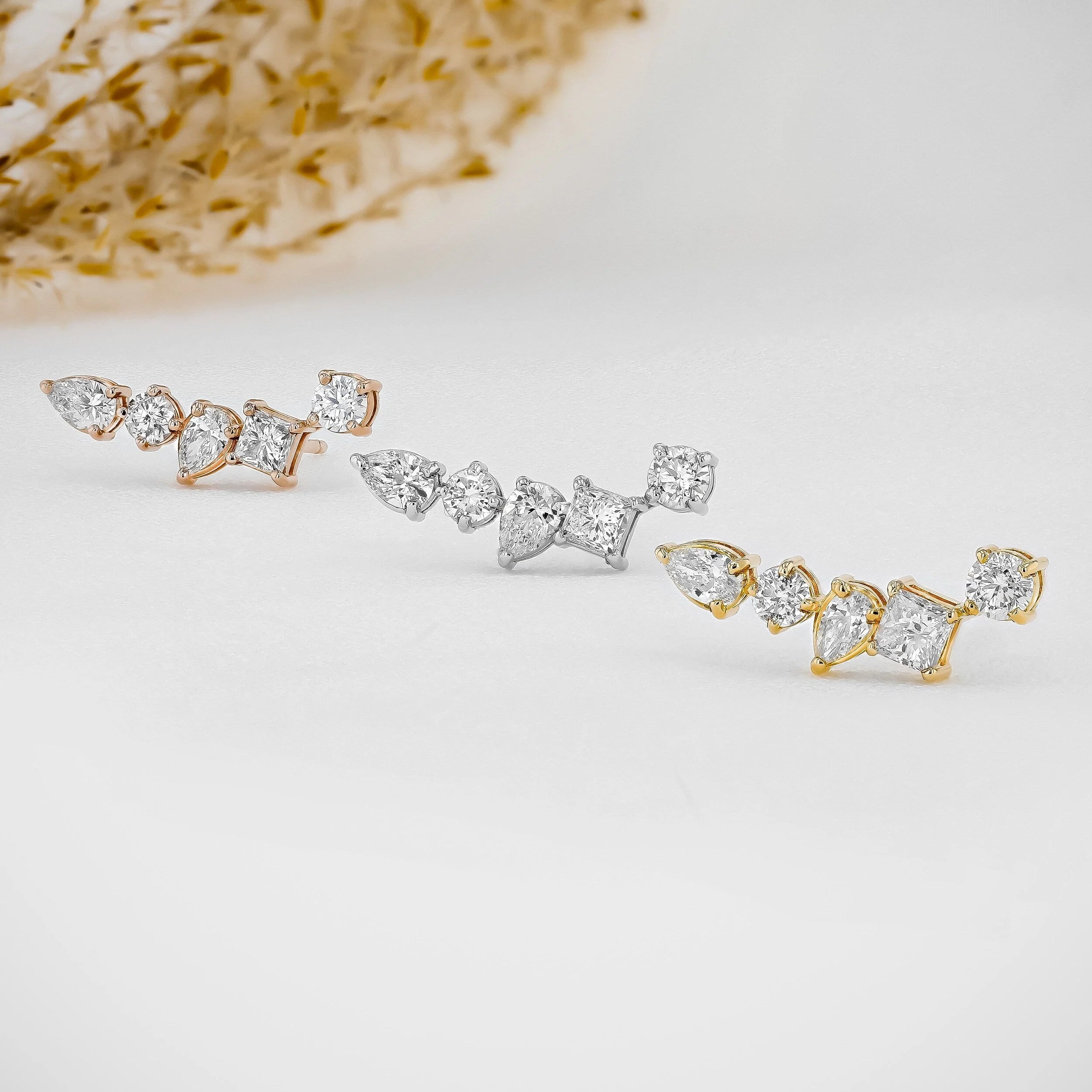 1.28 TCW Round, Princess & Pear Moissanite Diamond Ear Crawler Earrings