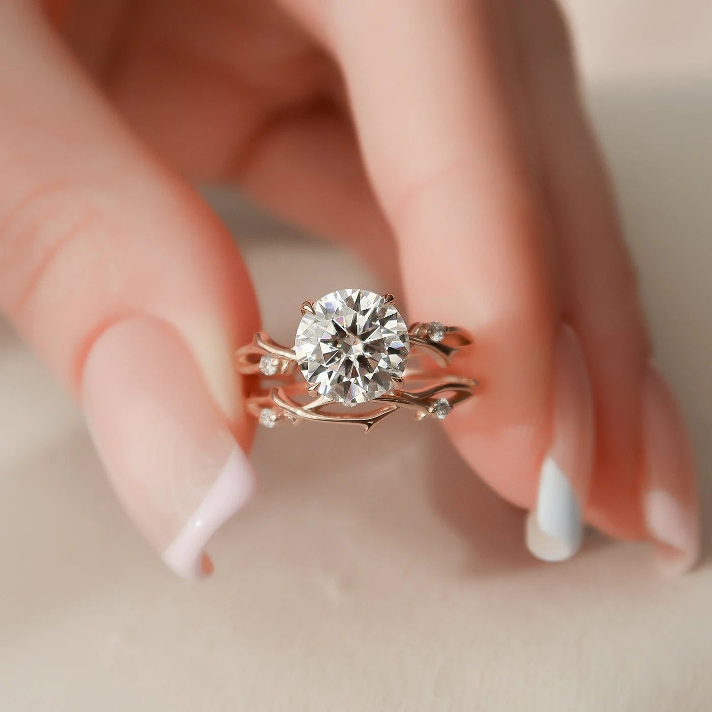 2.0CT Round Cut Moissanite Twig Nature Inspired Bridal Ring Set